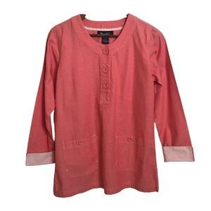 Denim & Co. Popover Tunic Top Coral Orange Contrast French Cuff Utility Pockets